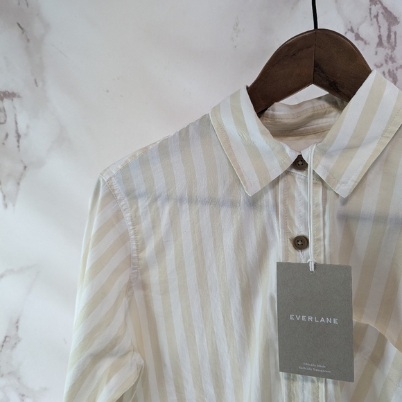 Everlane Shirt Womens Striped Button Up Silky Cotton Way Short Crop Sand - Picture 4 of 15